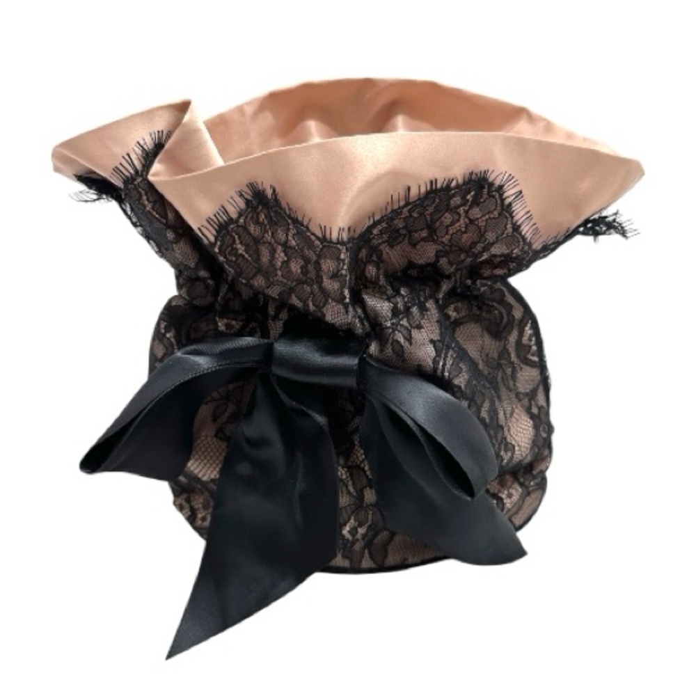Marchesa x Beauty.com Blush Nude Satin & Black Lace Cosmetics Pouch Bag w Bow